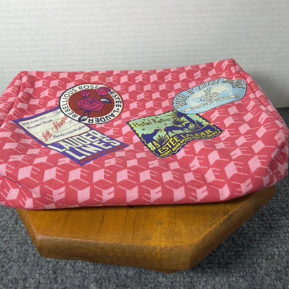 Estee‎ Lauder Travel Cosmetic Bag Pink Pattern Stickers Design Zip Pouch